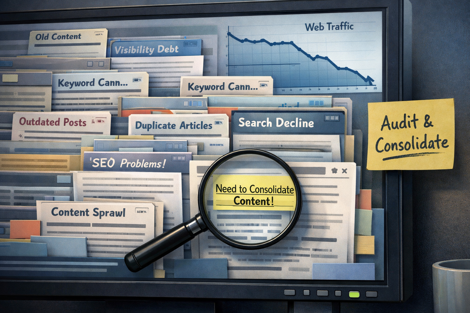 Digital Workspace Chaos with SEO Keywords and Traffic Graph-1