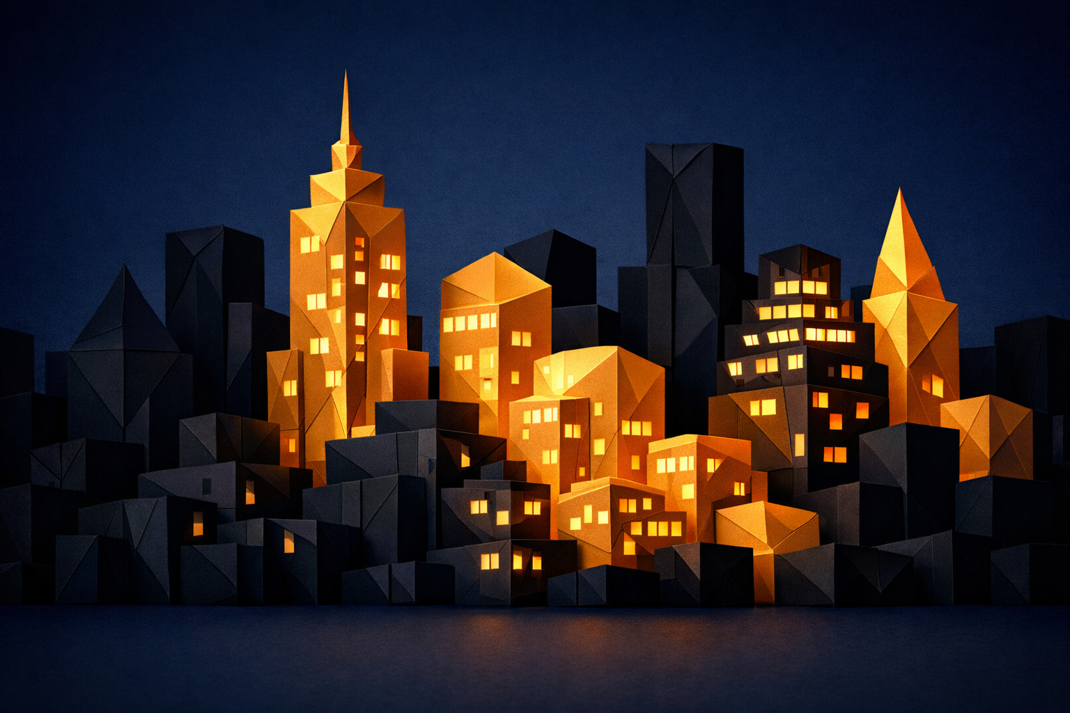 Origami City Skyline with Lit and Unlit Buildings