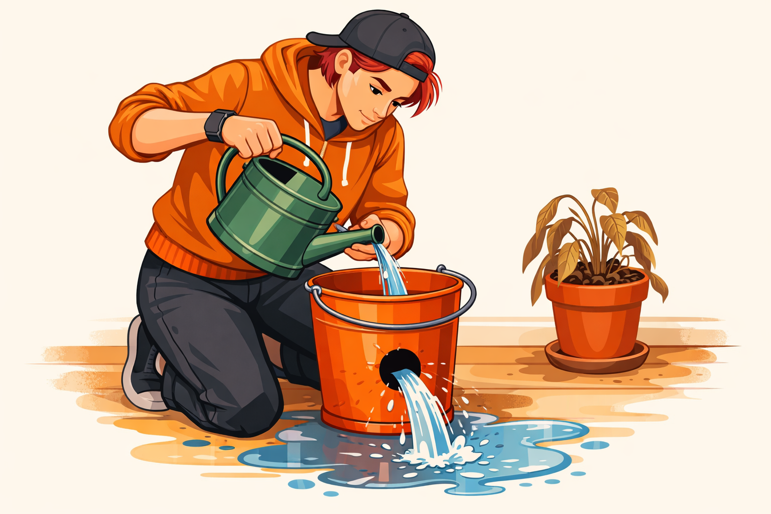 Watering Can Leak into Empty Pot