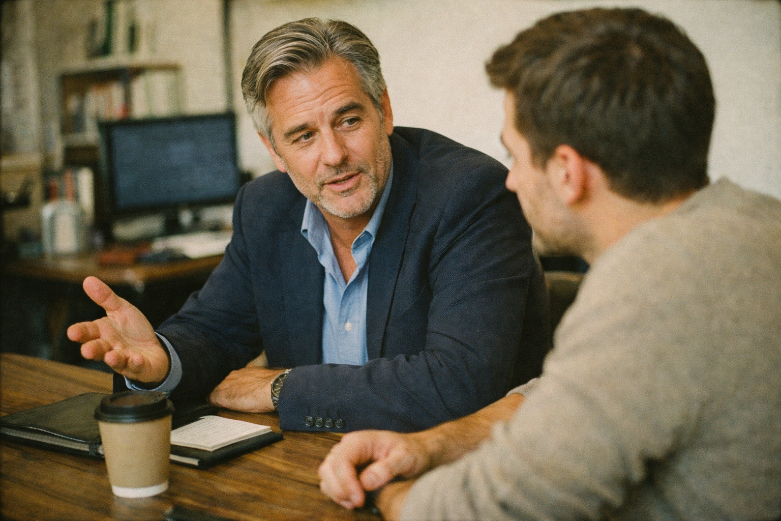 analogfilm A PR mentor is instructing a junior employee of his PR agency in AI visibility Just talking no whiteboards or flipcharts