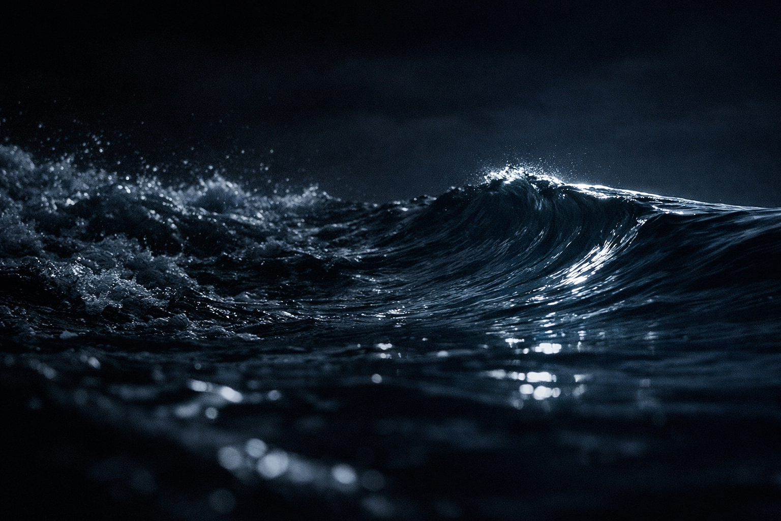 cinematic Cinematic photorealism A dark body of water at night shot from a low wide angle at water level The surface is transitioning from chaos to or