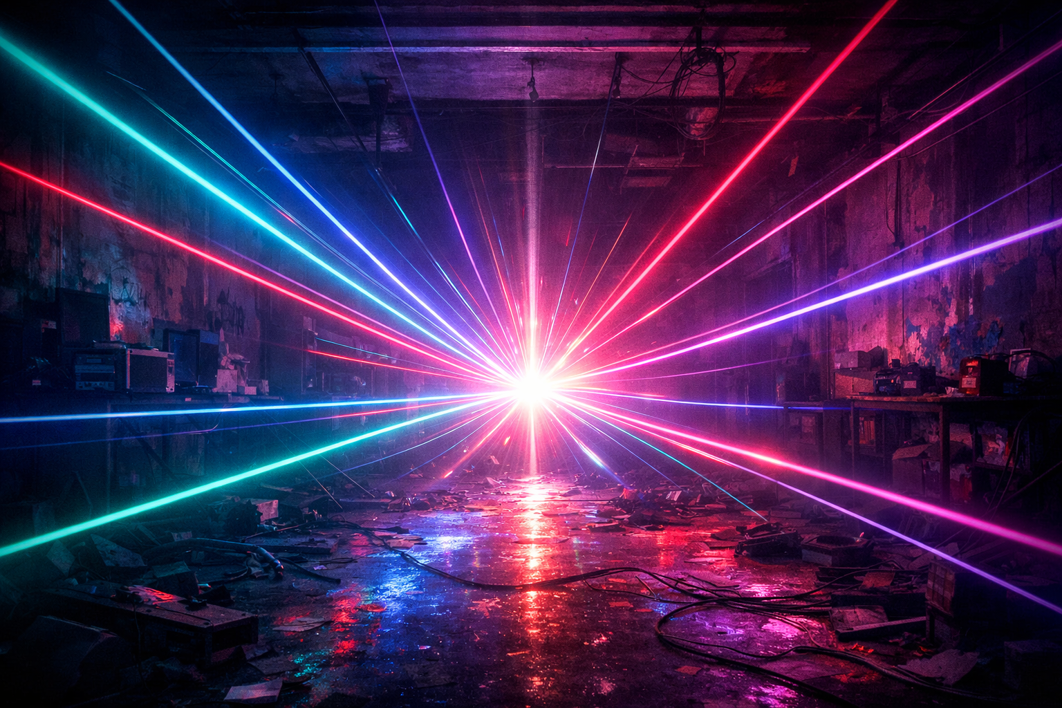 neonpunk The same dark room but the scattered beams are visibly beginning to converge  bending and aligning toward a single point in the distance Some