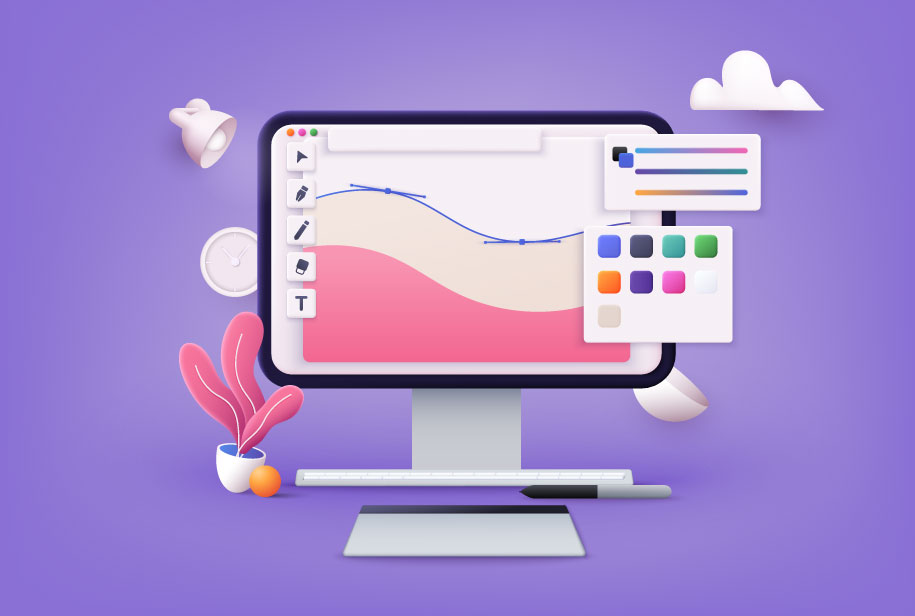 Monitor showing the process of creating custom imagery for a website