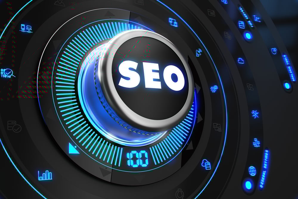 SEO - Search Technology Internet- Controller on Black Control Console with Blue Backlight. Improvement, Regulation, Control or Management Concept.