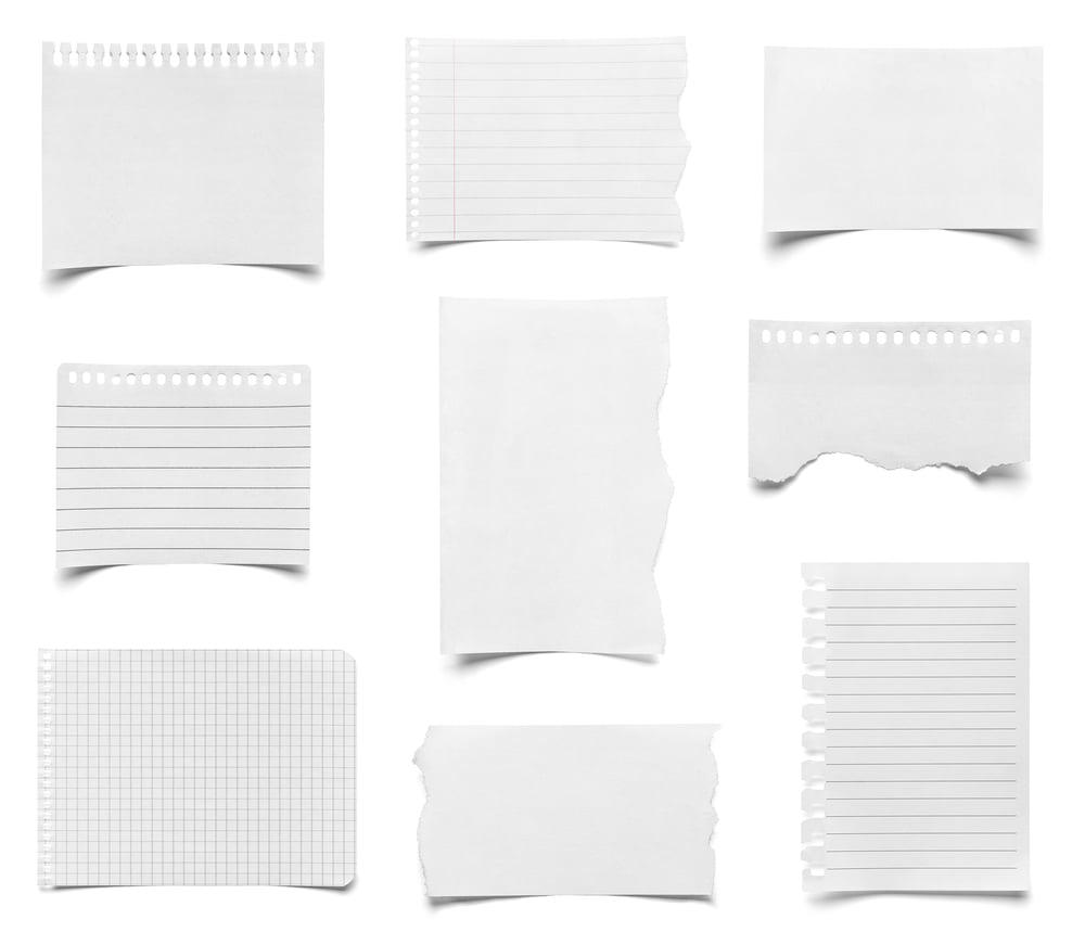 collection of various pieces of note paper on white background. each one is shot separately