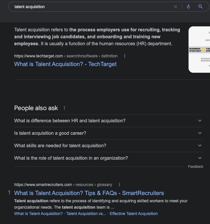 Screenshot showing the SERP results of the keyword talent acquisition