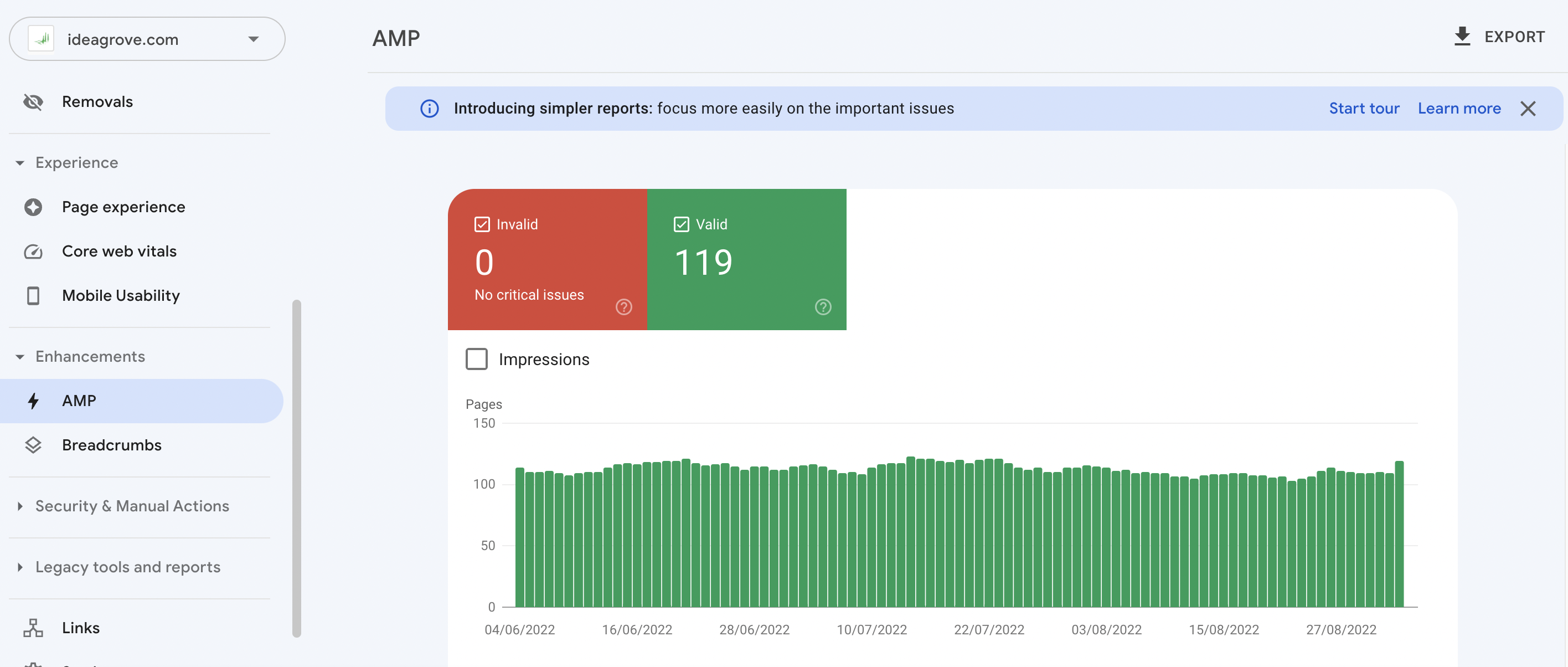 Screenshot of Accelerated Mobile Page status report