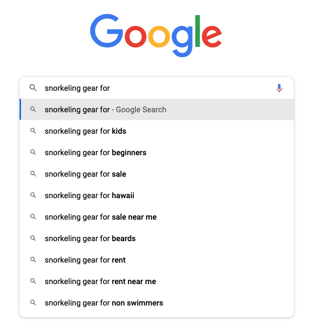 Screenshot of a Google search on snorkeling gear for