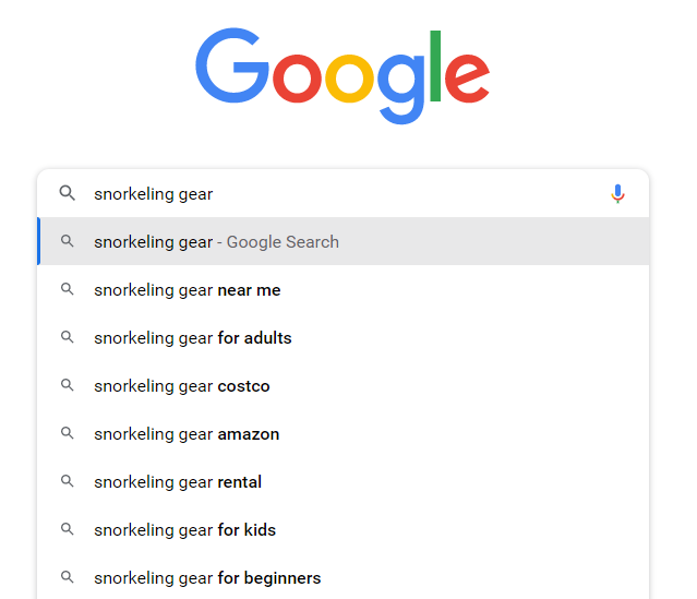 Screenshot of a Google search on snorkeling gear